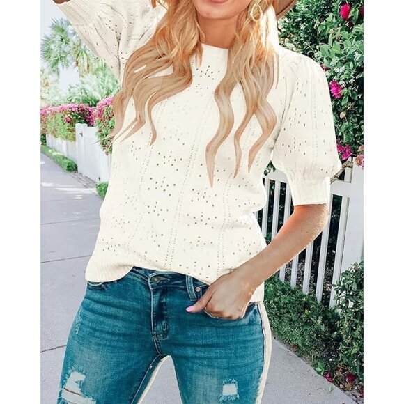 🆕 Women White Puff Short Sleeve Sweater Tops Soft Lightweight Pullover Shirts - Picture 3 of 7
